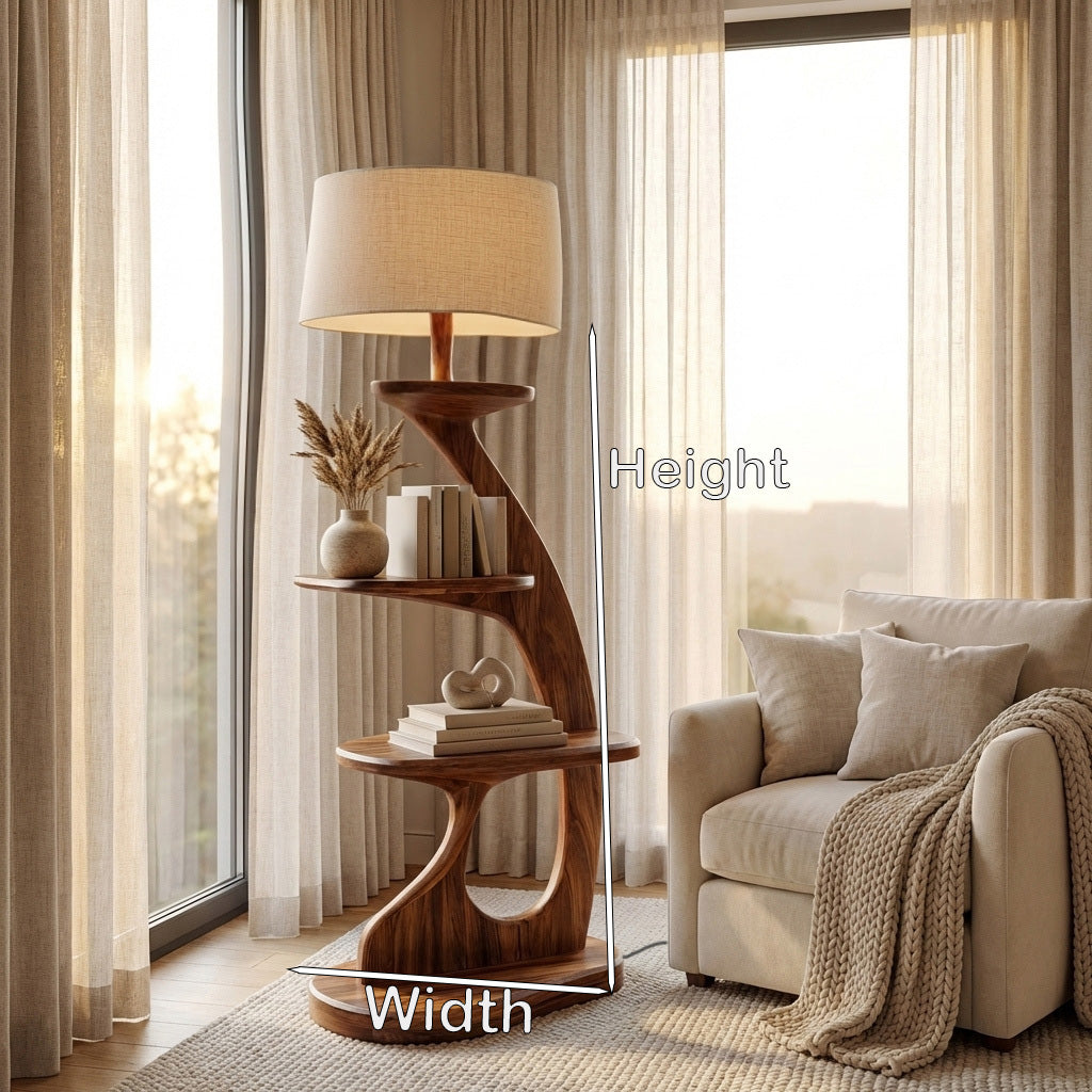 Modern Wooden Floor Lamp With 2-Tier Shelving Unit For Home