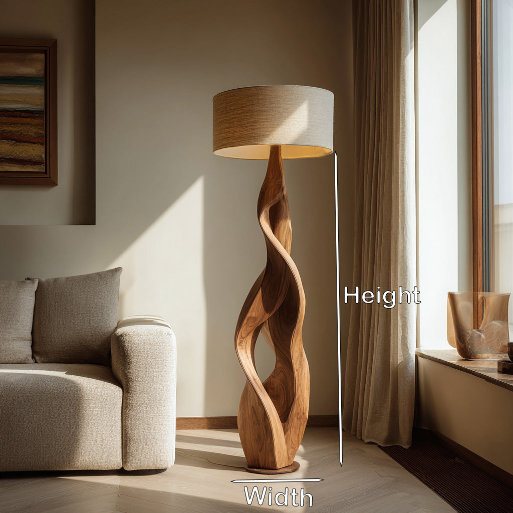 Sculptural Wooden Floor Lamp With Fabric Shade For Bedroom