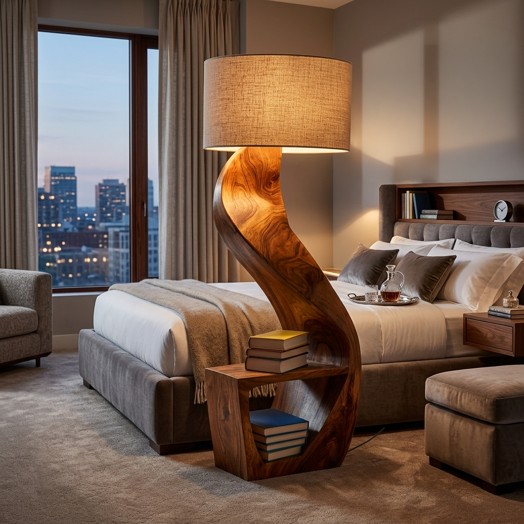 Organic Wood Floor Lamp With Storage Shelf For Bedroom