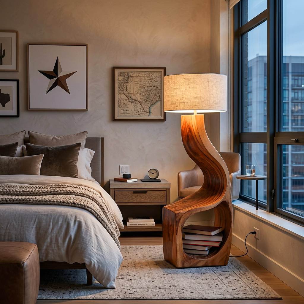 Artistic Natural Wood Standing Lamp With Shelf For Home Library