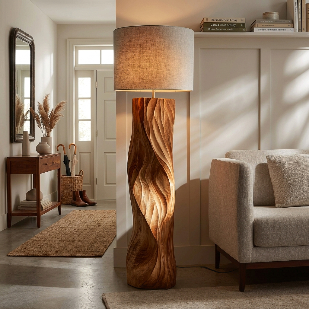Contemporary Wood Floor Lamp Sculptural Design For Home Lobby