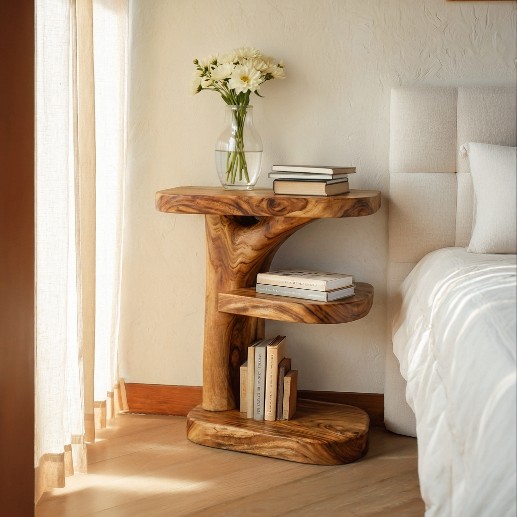 Organic Wooden Nightstand With Storage Shelf For Bedroom