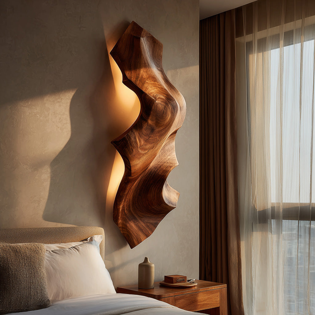 Contemporary Sculptural Wood Wall Light For Bedroom Decor