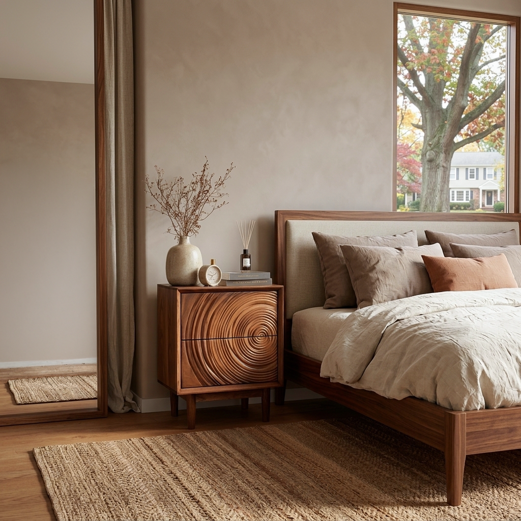Minimalist Wooden Nightstand With Sculptural Door For Modern Bedroom
