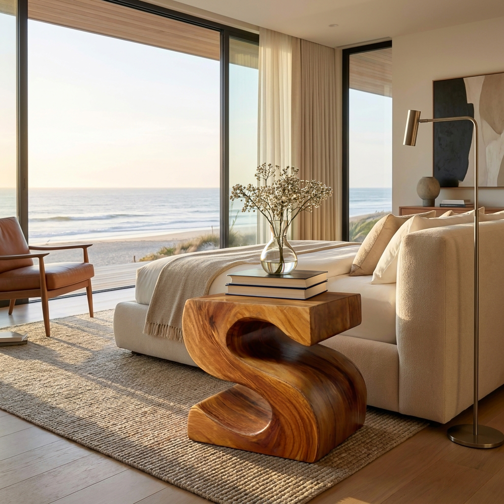 Modern Sculptural Wood Nightstand With S Shaped For Bedroom