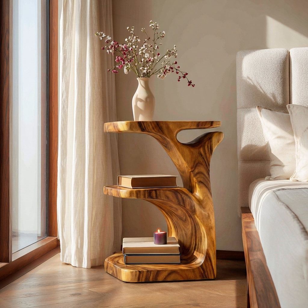 Modern Wooden Nightstand With Open Shelf For Bedroom