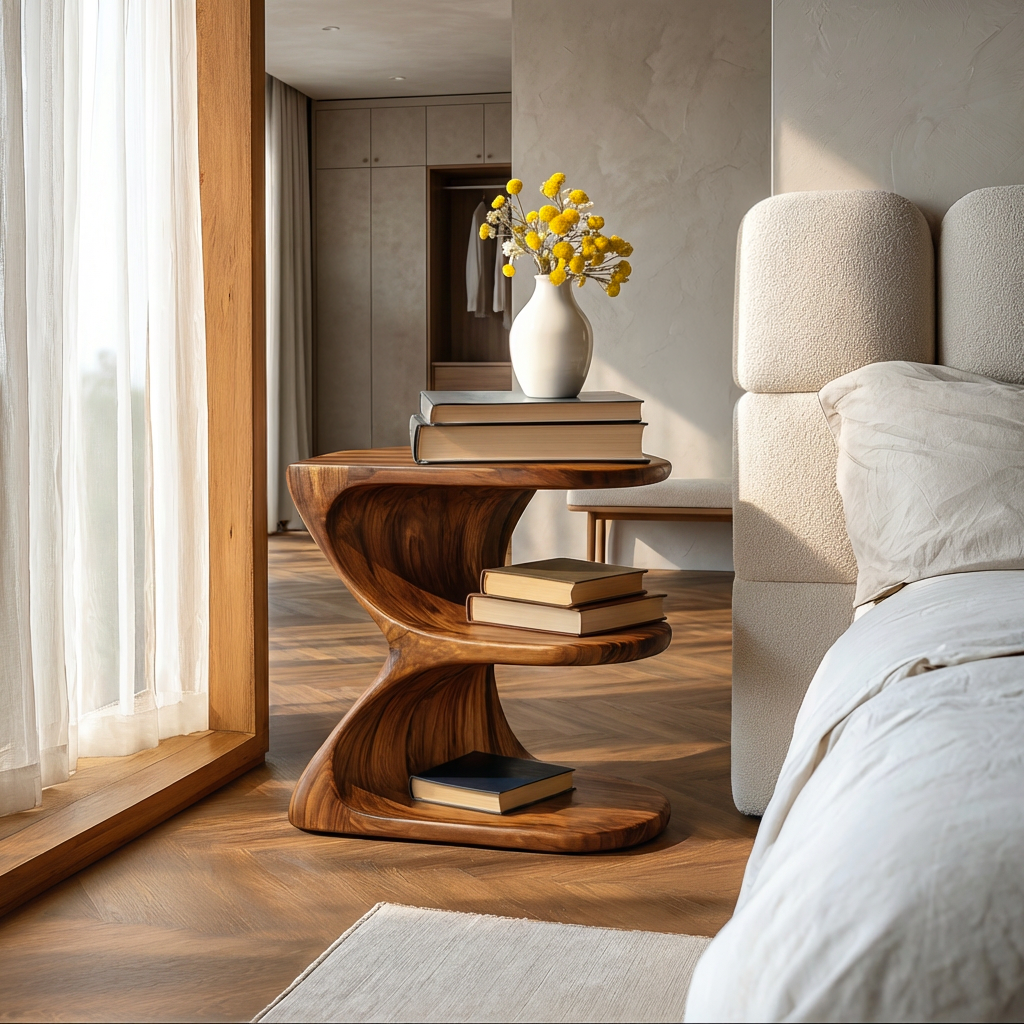 Modern Natural Wood Nightstand With E Shape For Bedroom