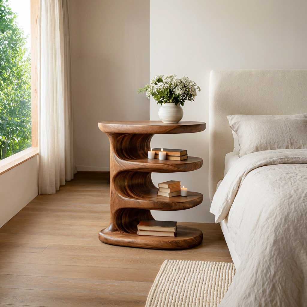 Wooden Nightstand Multi Layer Design For Modern Bedroom