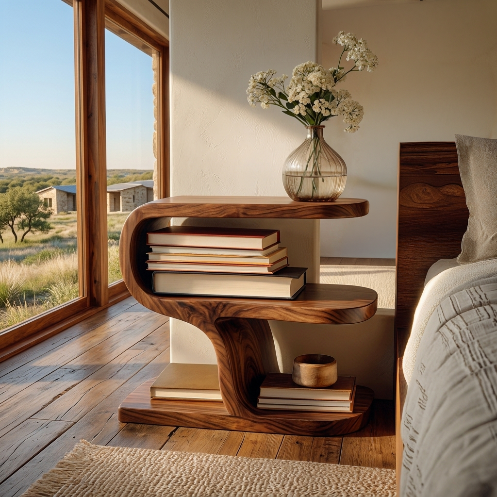 Wooden Nightstand With Sculptural Tier For Cozy Bedroom