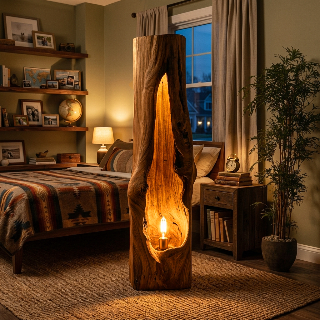Rustic Wooden Floor Lamp Sculptural Design For Cozy Bedroom