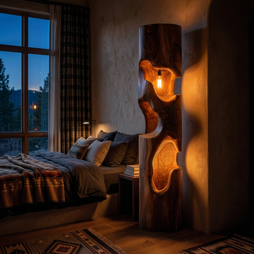 Rustic Wooden Floor Lamp With Sculptural Hollow For Cozy Bedroom