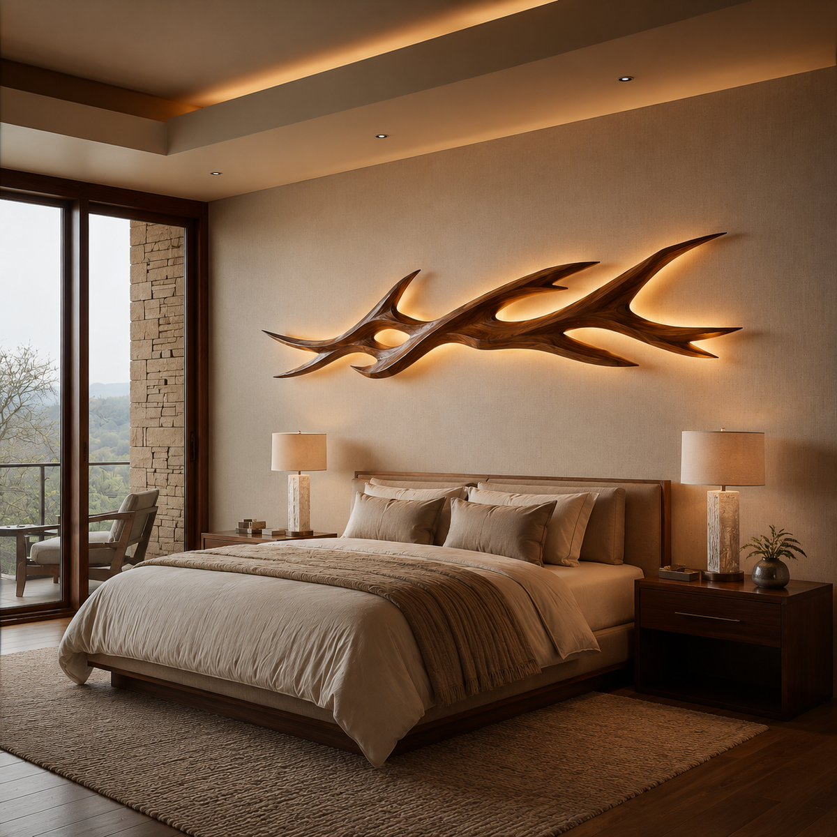 Rustic Wooden LED Wall Sculpture With Branch Form For Bedroom