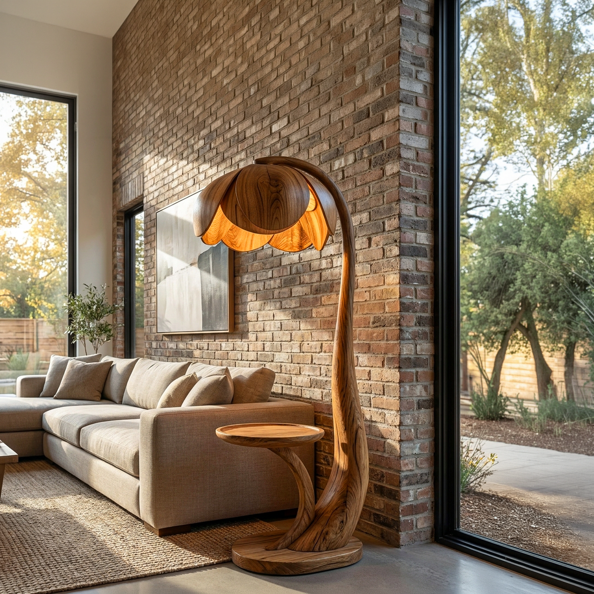 Contemporary Wooden Floor Lamp With Sculptural Flower Shape For Interior