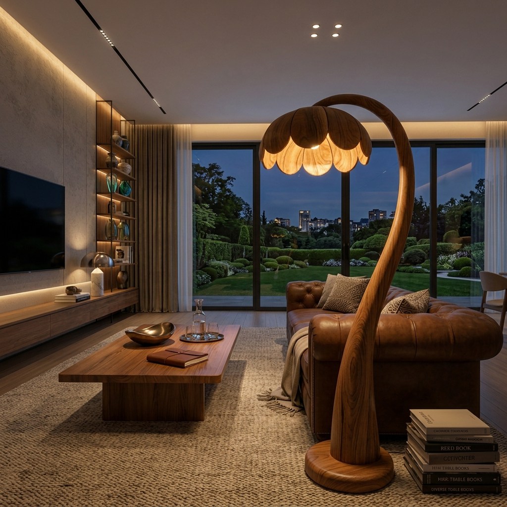 Wooden Floor Lamp With Flower-shaped Lampshade For Bedroom