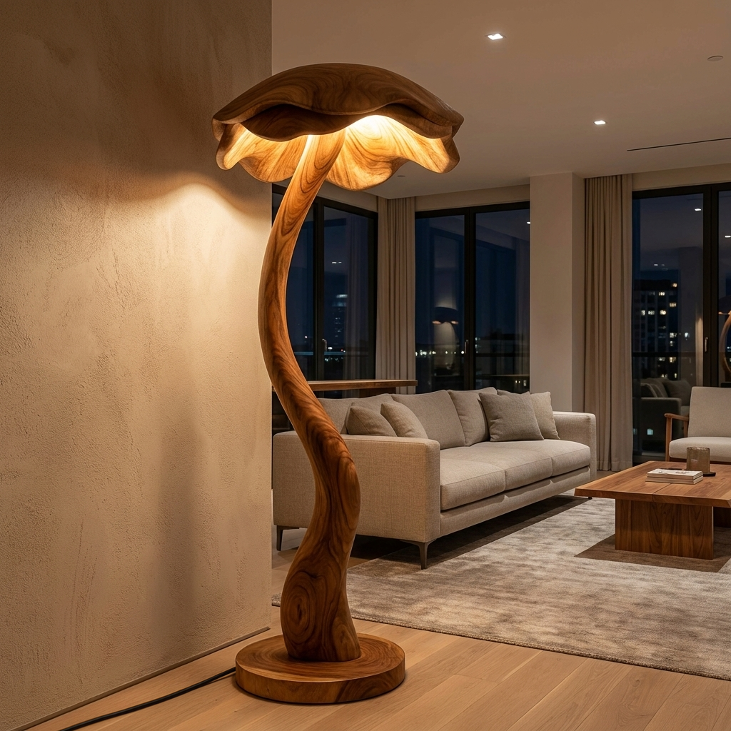 Modern Wooden Floor Lamp With Sculptural Lampshade For Home Decor