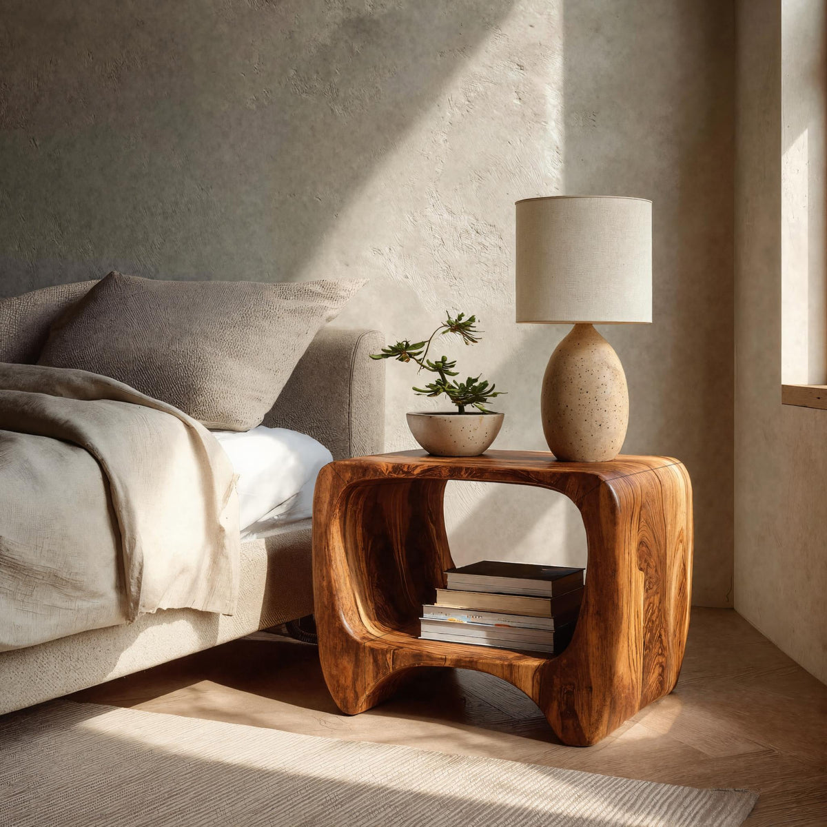Modern Organic Wood Nightstand With Shelf For Bedroom
