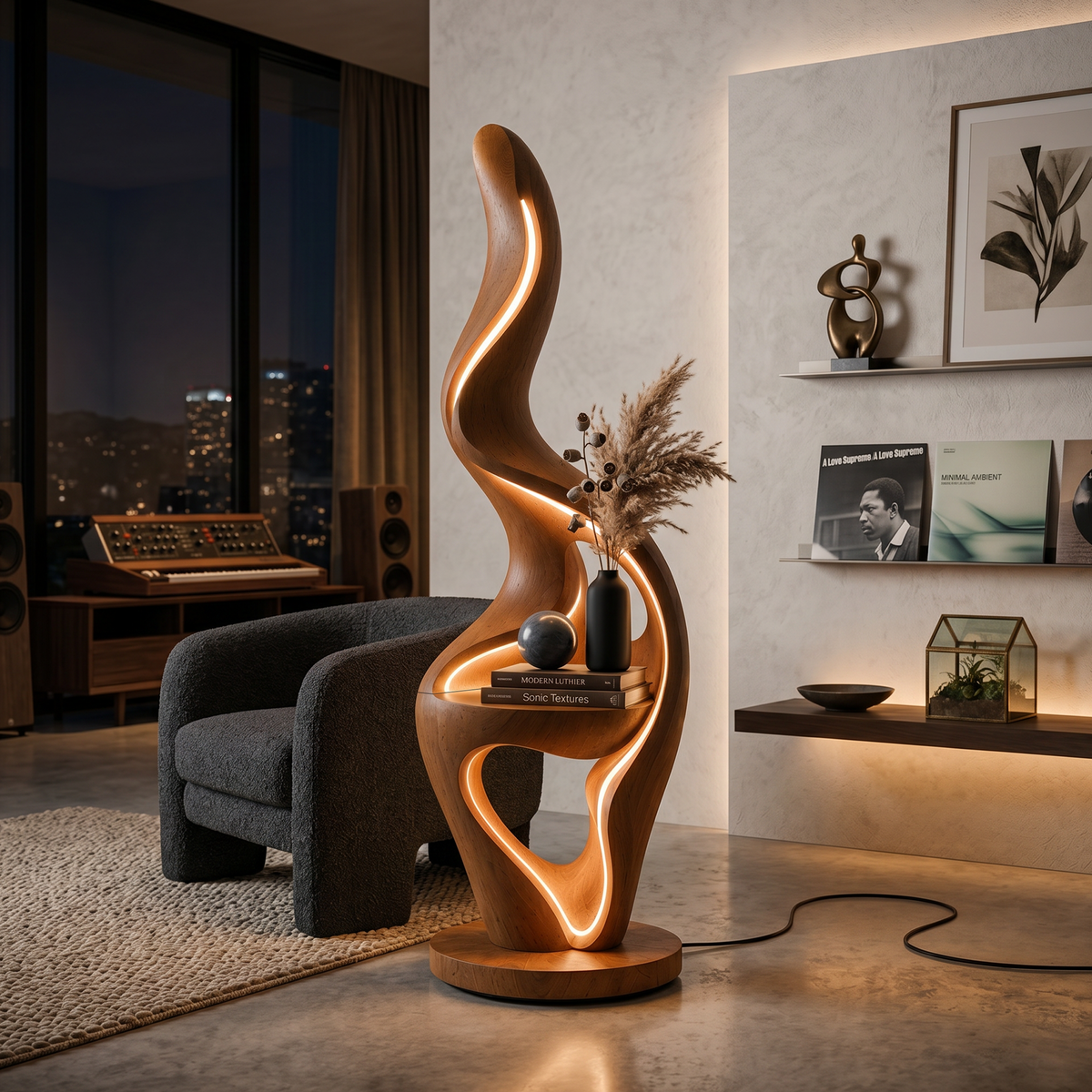 Minimalist Curved Lamp With Table For Bedroom
