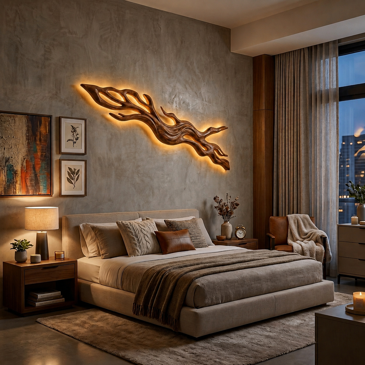 Rustic Wood LED Wall Sculpture With Undulating Shape For Bedroom Decor
