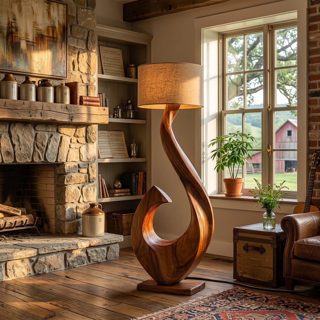Contemporary Wooden Floor Lamp Curved Shape For Lounge Area