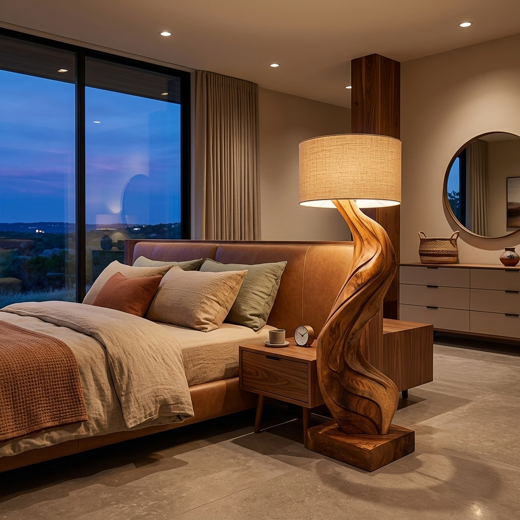 Modern Natural Wood Floor Lamp Flowing Form For Sitting Area