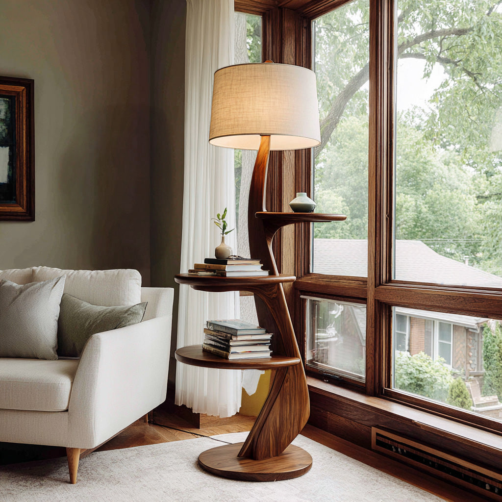 Contemporary Wooden Floor Lamp With Shelf For Living Room