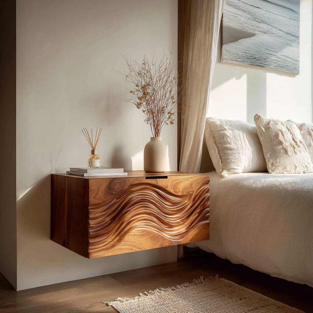 Modern Wooden Floating Nightstand With Wave Carved Front For Bedroom