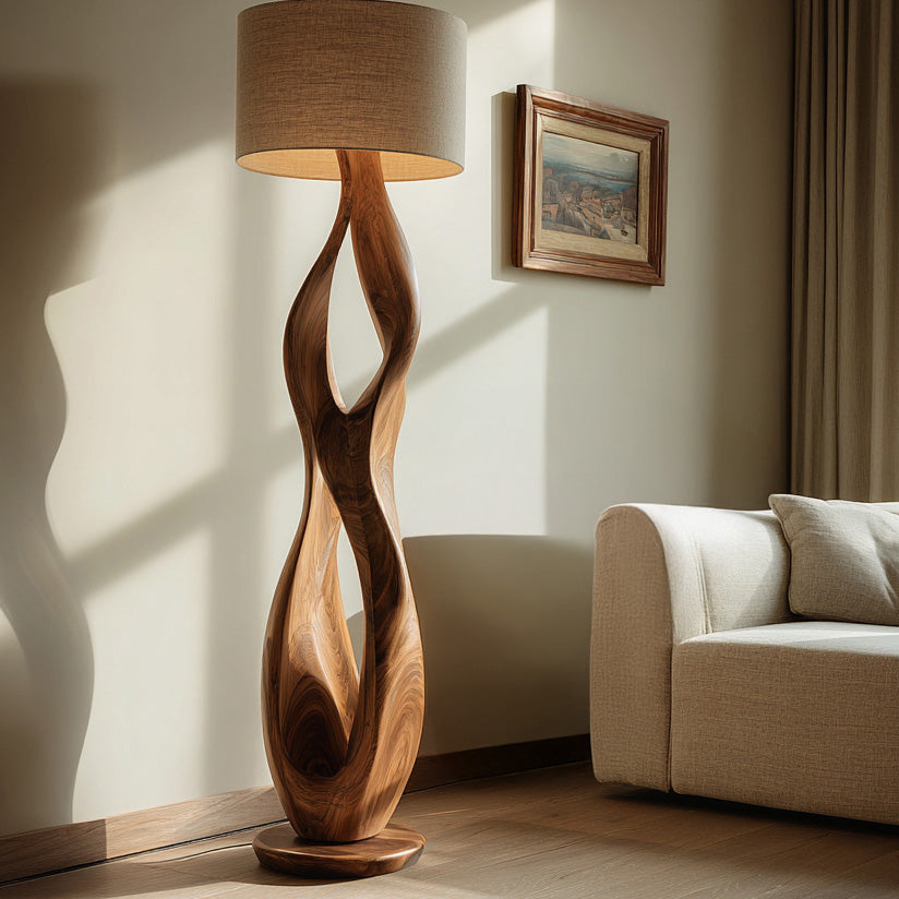 Minimalist Wooden Lamp With Drum Shade For Bedroom