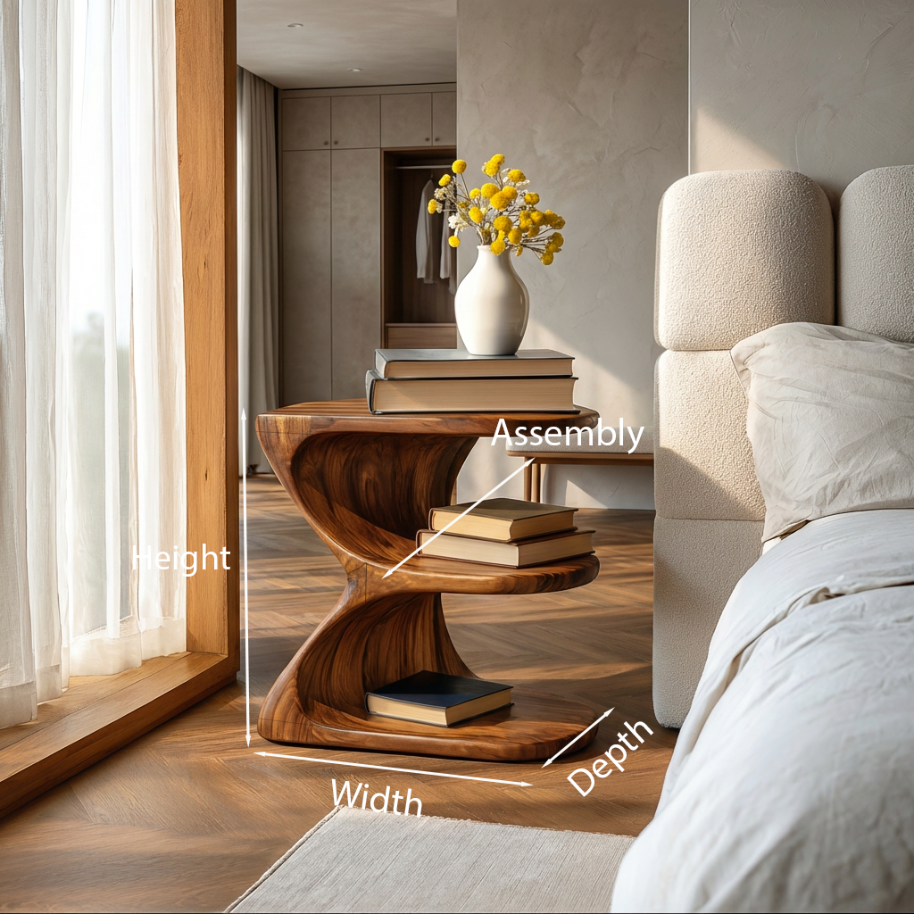 Modern Natural Wood Nightstand With E Shape For Bedroom