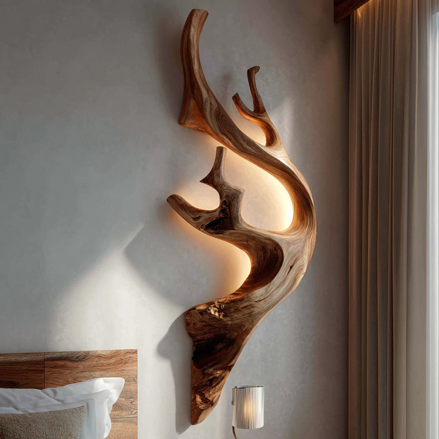 Sculptural Tree Branch Wooden Wall Lamp With LED For Home
