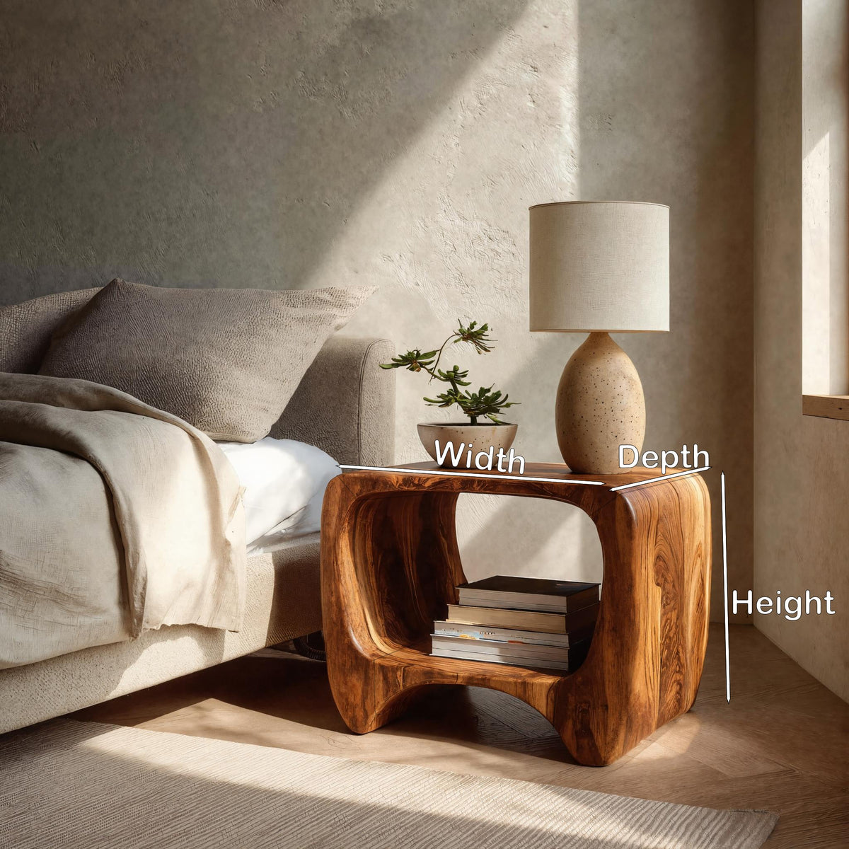Modern Organic Wood Nightstand With Shelf For Bedroom