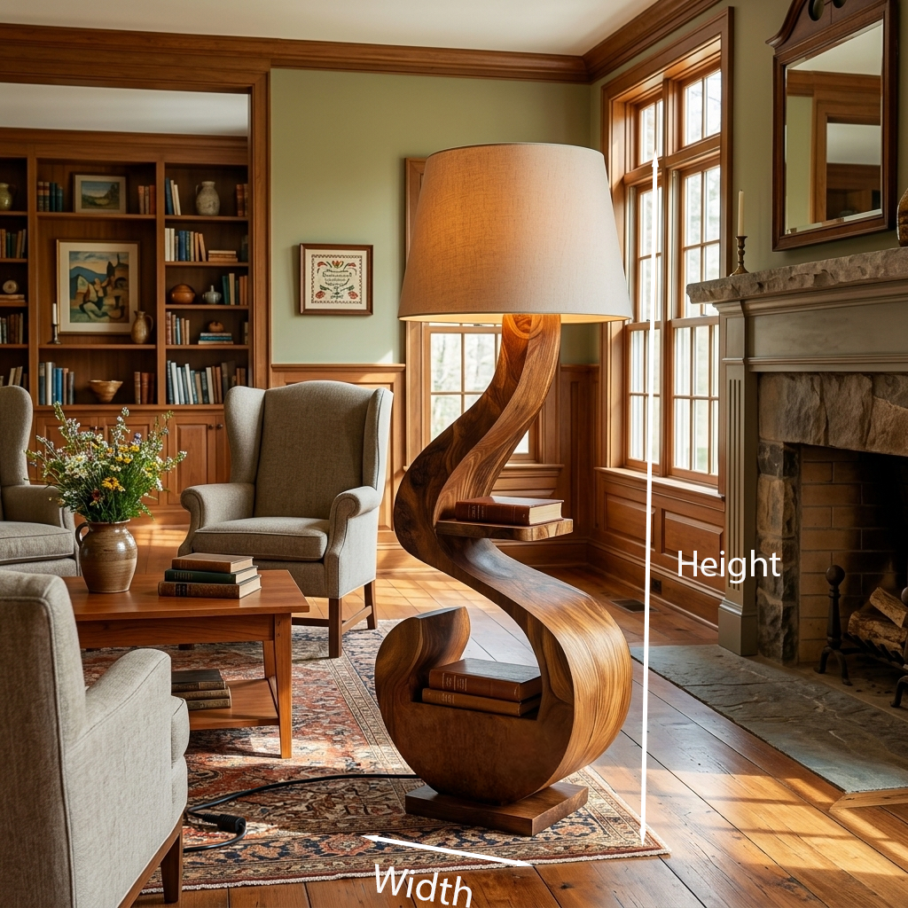 Sculptural Natural Wood Floor Lamp With Shelf For Living Room
