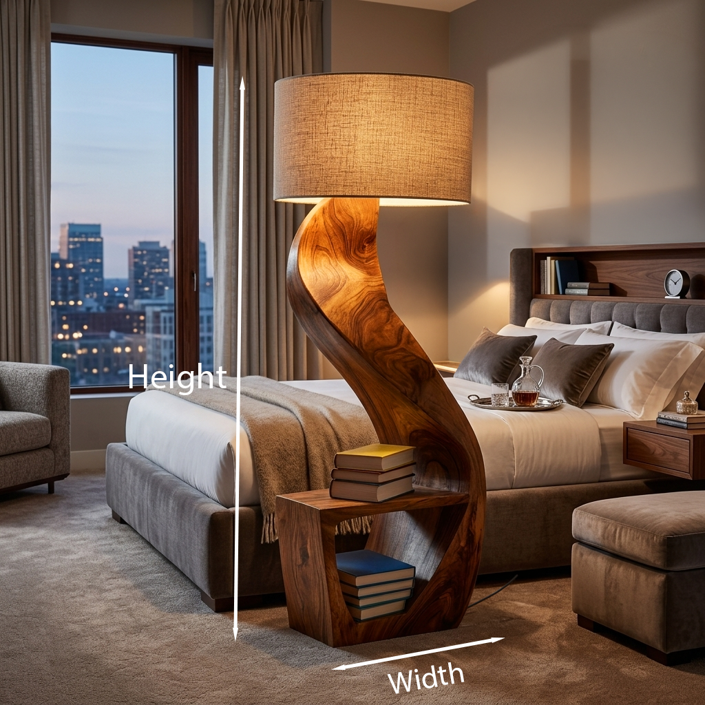 Organic Wood Floor Lamp With Storage Shelf For Bedroom