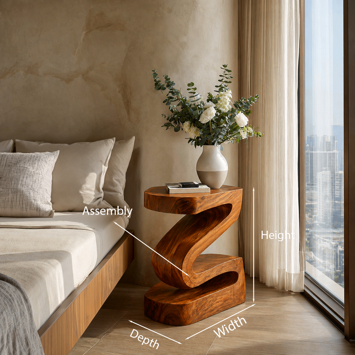 Elegant Natural Wood Nightstand With Curved Form For Bedroom
