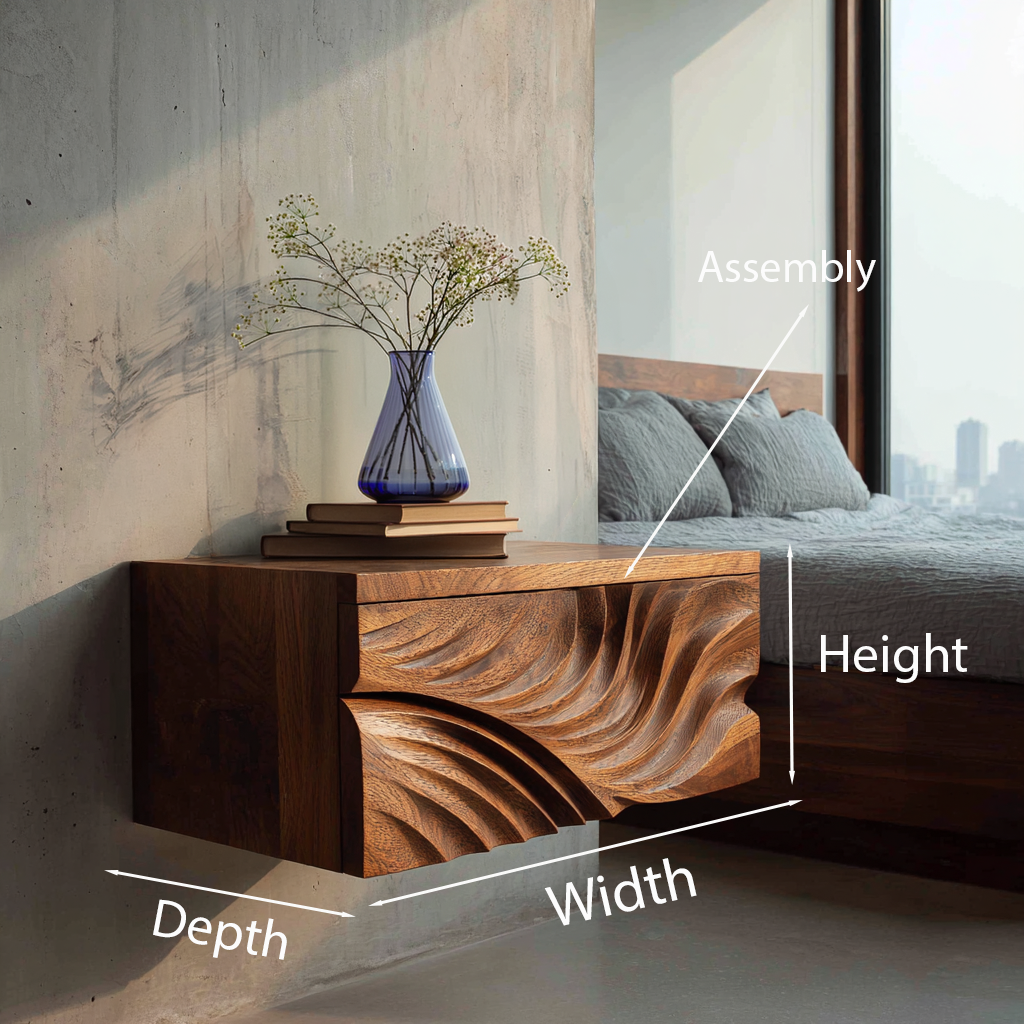 Elegant Wooden Floating Nightstand With Carved Front For Bedroom
