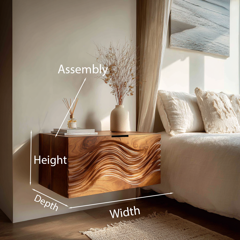 Modern Wooden Floating Nightstand With Wave Carved Front For Bedroom