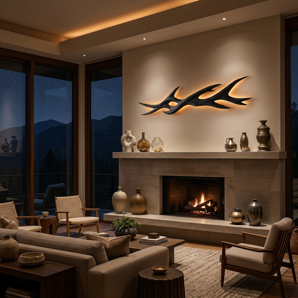 Rustic Wooden LED Wall Sculpture With Branch Form For Bedroom