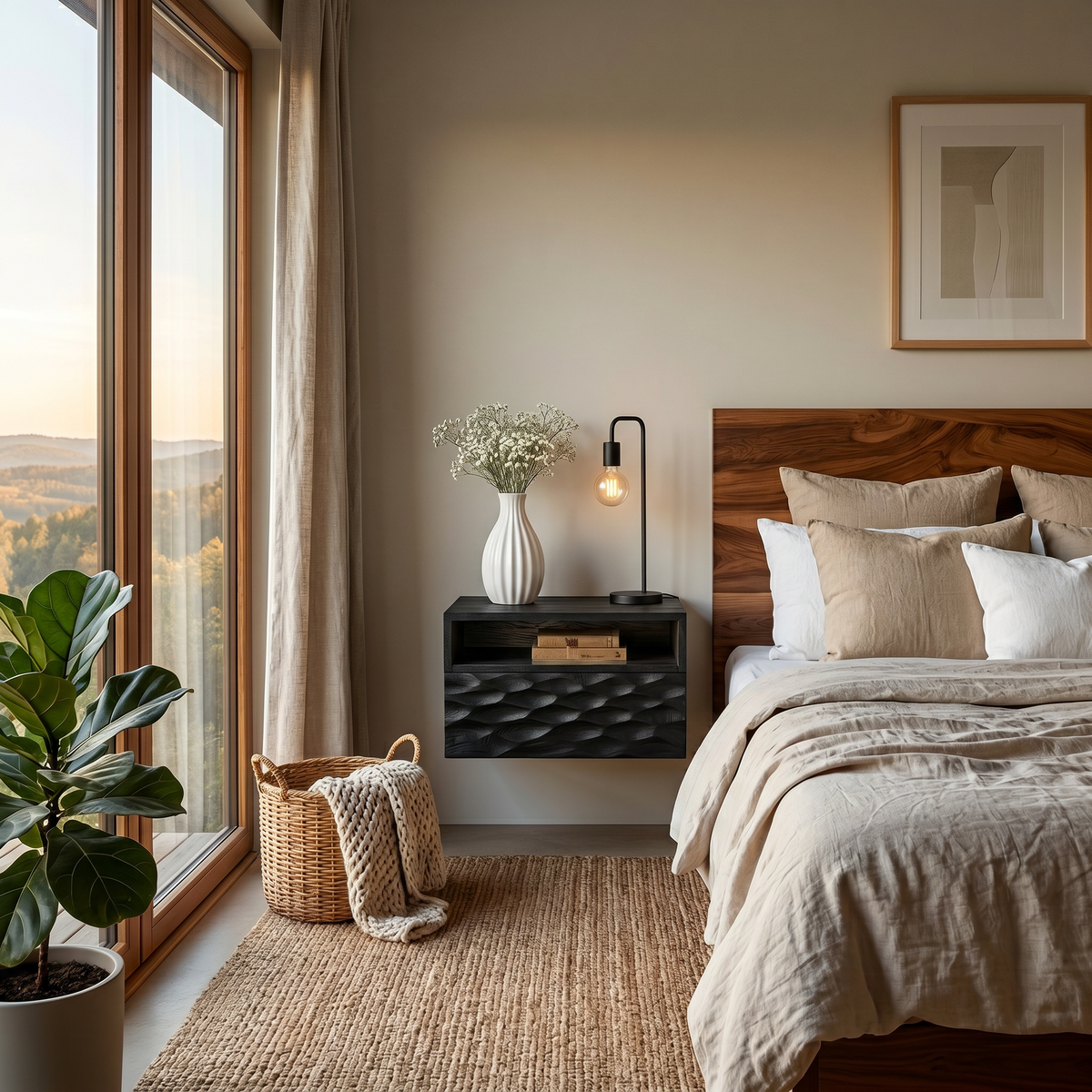 Modern Wooden Wall Mounted Nightstand With Open Shelf For Bedroom