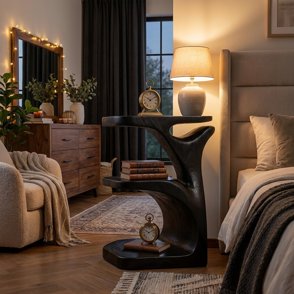Modern Wooden Nightstand With Open Shelf For Bedroom