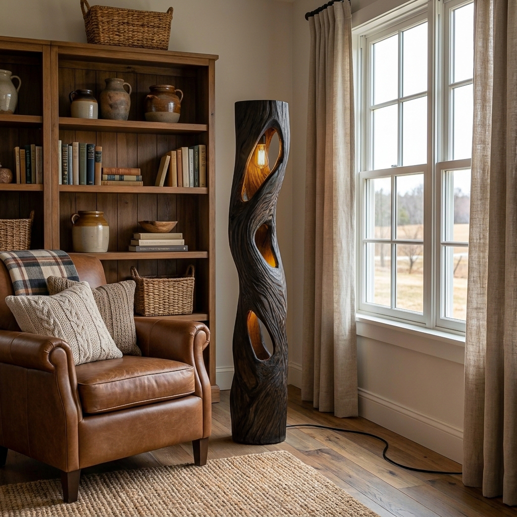 Rustic Sculptural Wooden Floor Lamp For Home Decor