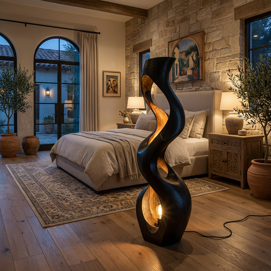 Artistic Wooden Floor Lamp With Flowing Form For Bedroom