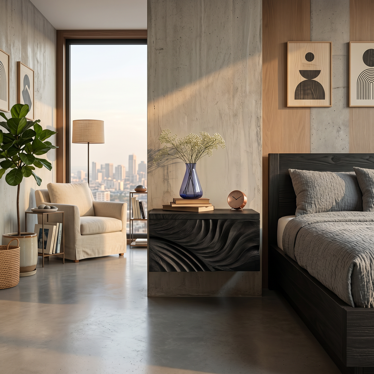 Elegant Wooden Floating Nightstand With Carved Front For Bedroom