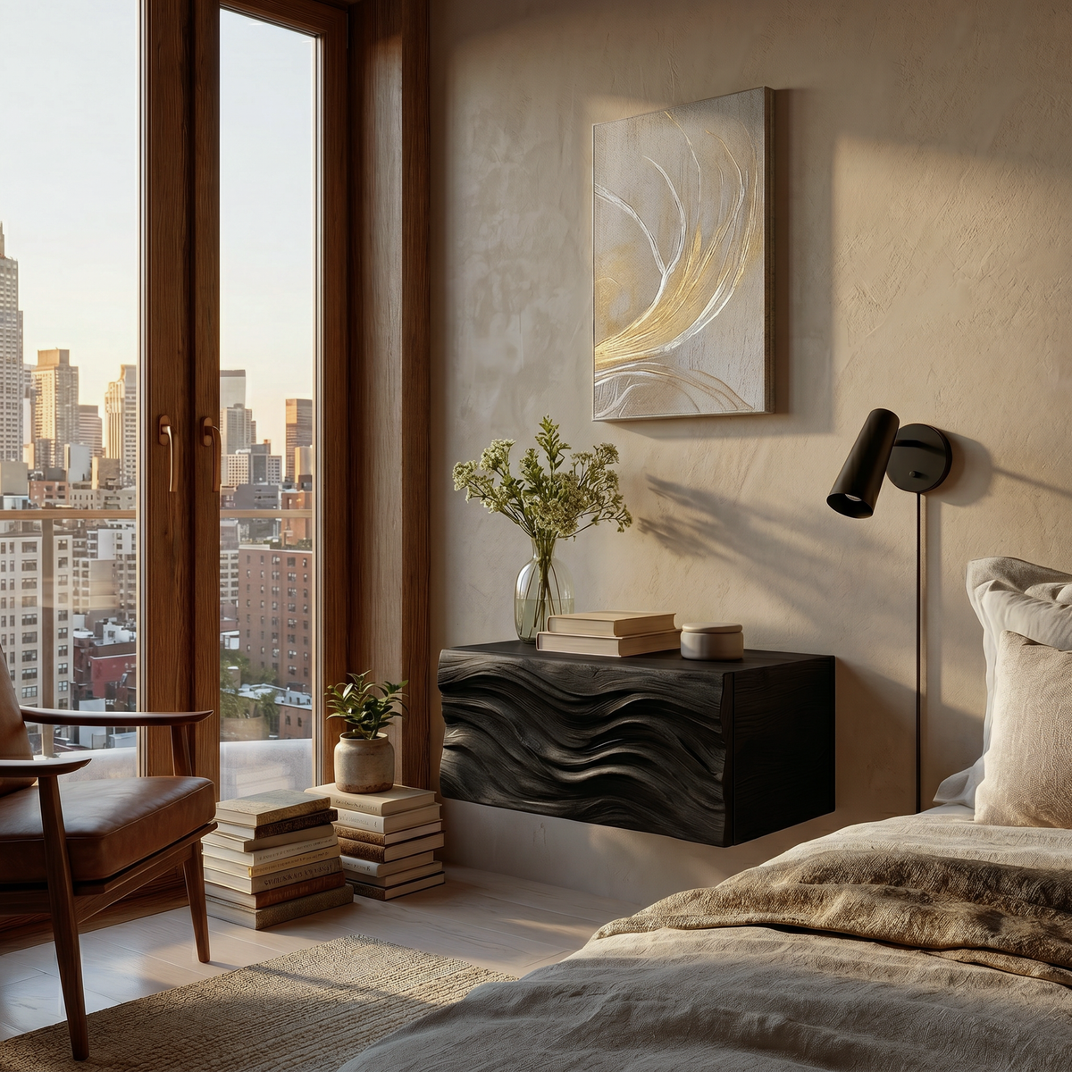 Contemporary Wooden Wall Mounted Nightstand For Bedroom Storage