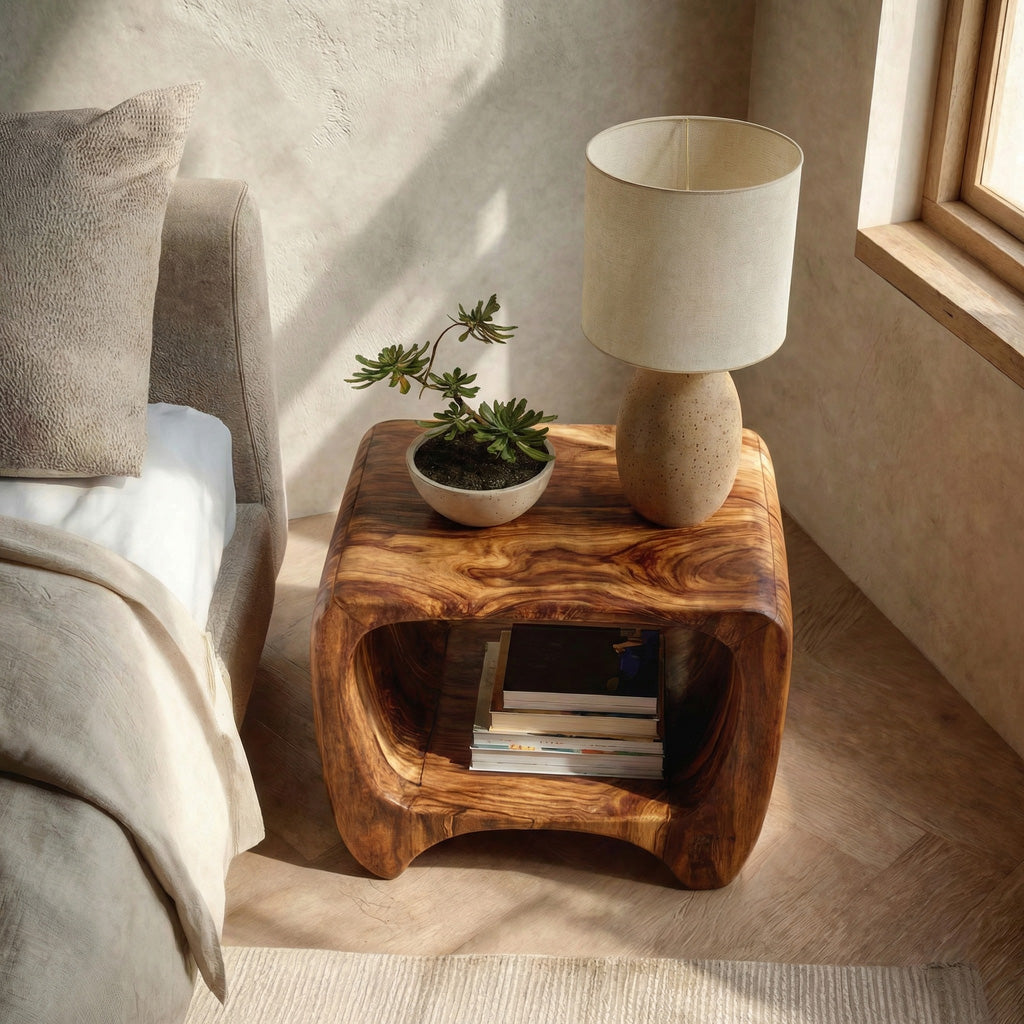 Modern Organic Wood Nightstand With Shelf For Bedroom