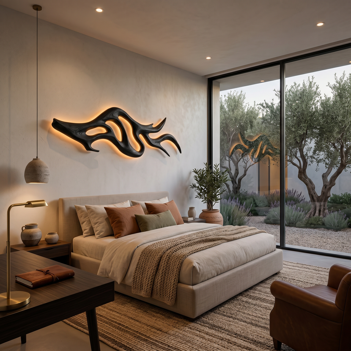 Artistic Wood LED Wall Sculpture With Sculptural Form For Bedroom