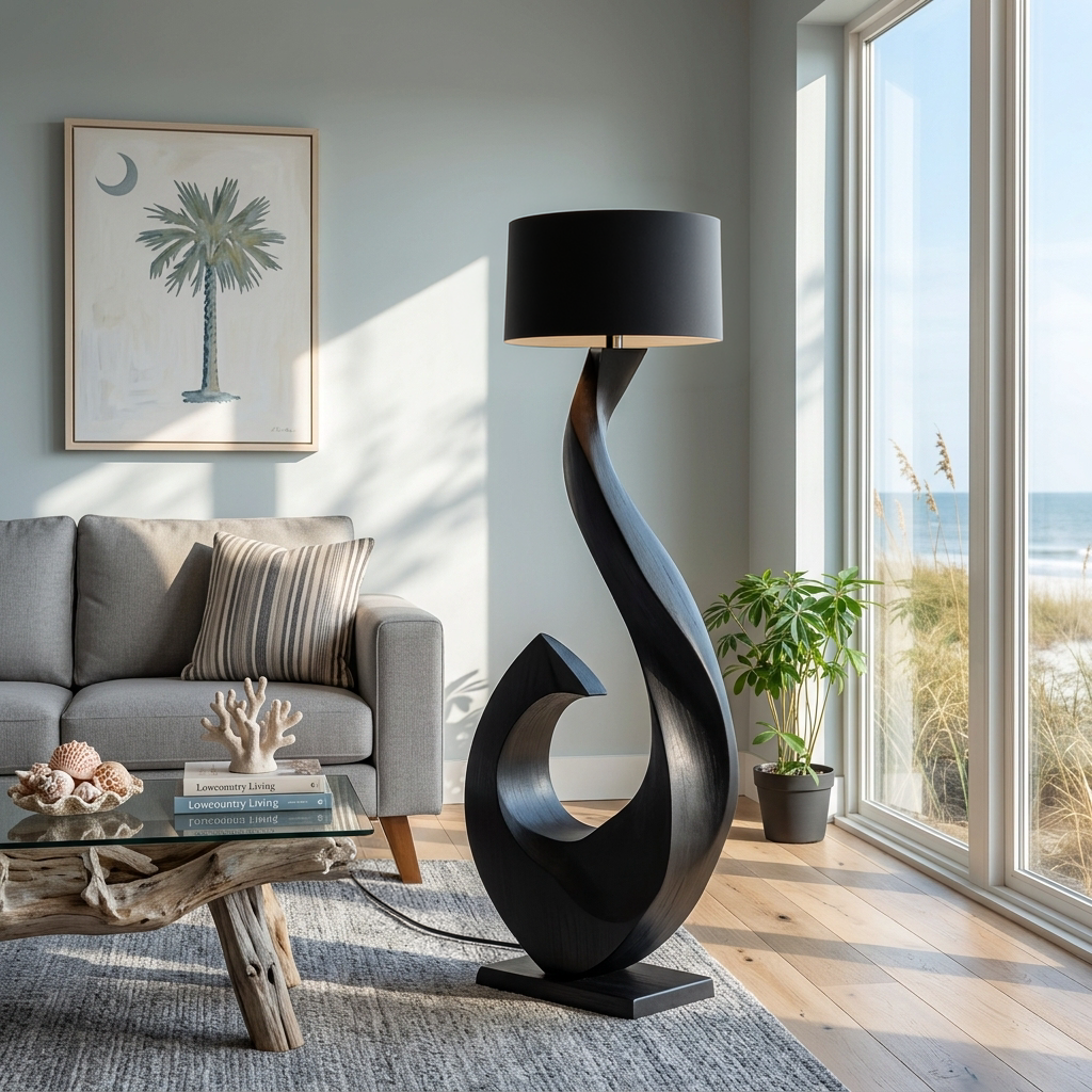Contemporary Wooden Floor Lamp Curved Shape For Lounge Area