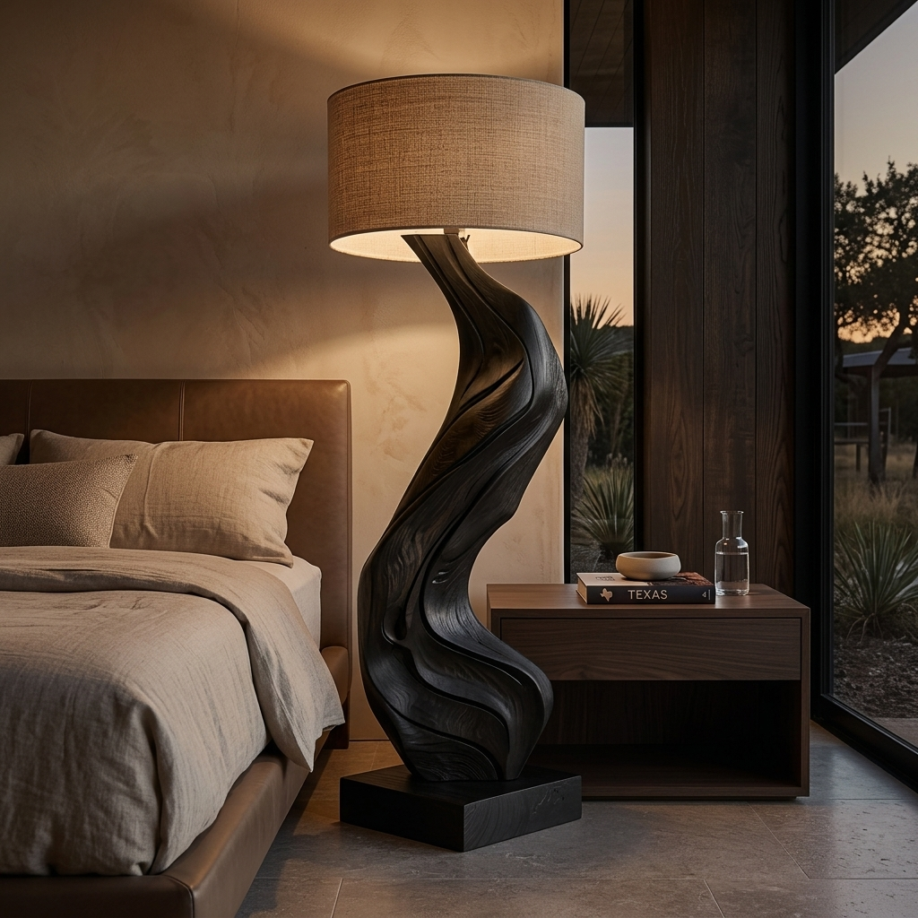 Modern Natural Wood Floor Lamp Flowing Form For Sitting Area