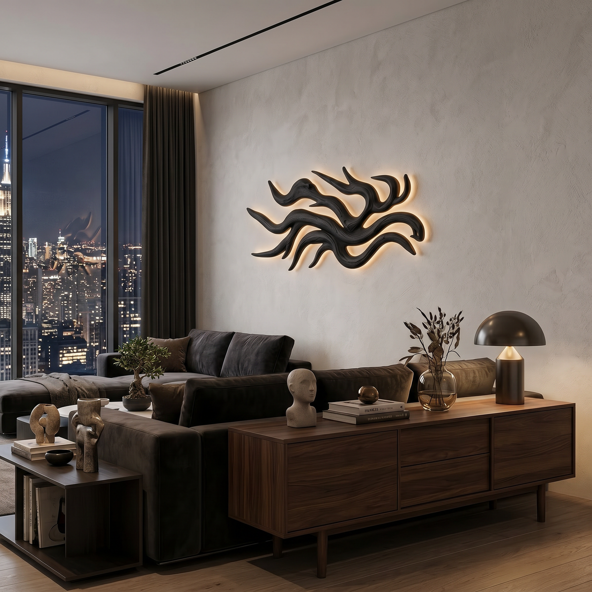 Artistic Wood LED Wall Sculpture Flowing Root Design For Bedroom Decor