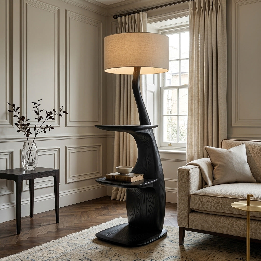 Modern Natural Wood Floor Lamp With Shelves For Living Room