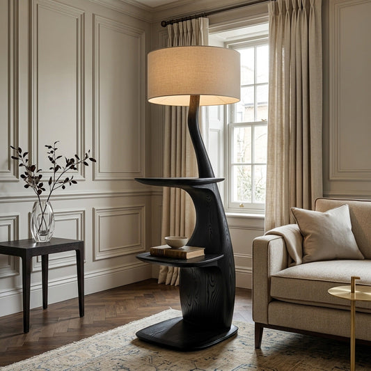 Modern Natural Wood Floor Lamp With Shelves For Living Room