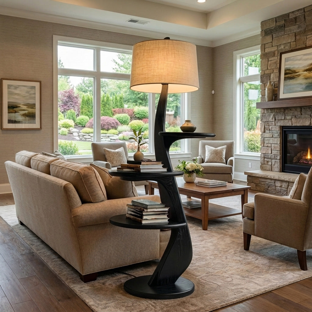 Contemporary Wooden Floor Lamp With Shelf For Living Room
